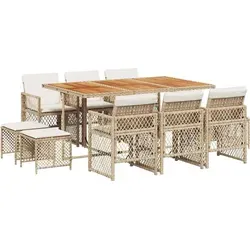 vidaXL 11-tlg. Garten-Essgruppe mit Kissen Beige - Poly Rattan - Genieße Mahlzeiten im Freien mit dieser eleganten Garten-Essgruppe. Robustes PE-Rattan und eine pflegeleichte Holzoberfläche sorgen für Langlebigkeit. Klappbare Stühle für platzsparende Lagerung und bequeme, abnehmbare Kissen für zusätzlichen Komfort.