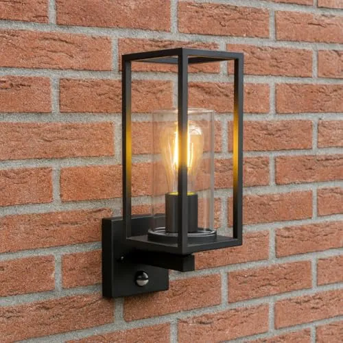 CGC Lighting Wandleuchte für den Außenbereich, Garten, Veranda, Terrasse, Wintergarten, Tür, Landhaus, Schwarze moderne, E27 max 20w LED (UP MIT PIR-SENSOR)