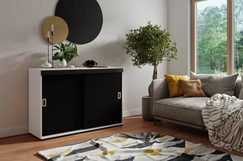 KIER FURNITURE Sideboard Mit Schiebetür, Weiß+ Schwarz - 140x45x94cm