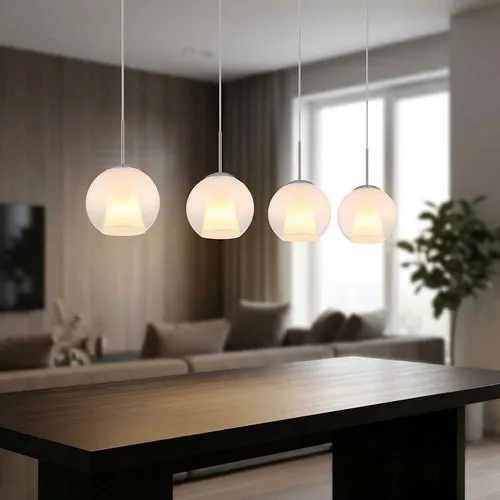 Hängelampe Pendelleuchte Esszimmerlampe LED 4-flammig Silber - Moderne 4-flammige Pendelleuchte aus Glas und Metall, ideal für Esszimmer und Küche. Energieeffiziente LED-Technologie sorgt für warmes Licht und stilvolle Akzente in jedem Raum.