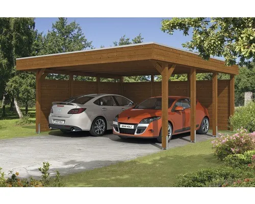 Doppelcarport SKAN HOLZ Friesland mit Seiten- und Rückwand - Robuster Flachdach-Carport aus hochwertigem Holz, ideal für den Schutz Ihres Fahrzeugs und die Aufbewahrung von Gartengeräten.