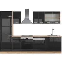 Vicco Küchenzeile R-Line 300 cm, Schwarz Hochglanz & Goldkraft Eiche - Küchenzeile mit viel Stauraum und flexibler Modulgestaltung. Höhenverstellbare Füße für optimale Anpassung und erweitere die Küche jederzeit mit zusätzlichen Modulen!