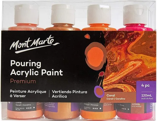 Mont Marte PREMIUM Pouring Acrylfarbe, 4 x 120 ml, Gieß-Acryl - Ideal für kreative Gießtechniken, ermöglicht diese Acrylfarbe beeindruckende Effekte durch ihr spezielles Pouring-Medium. Perfekt für Anfänger und Fortgeschrittene, in praktischen Drop-Bottles.