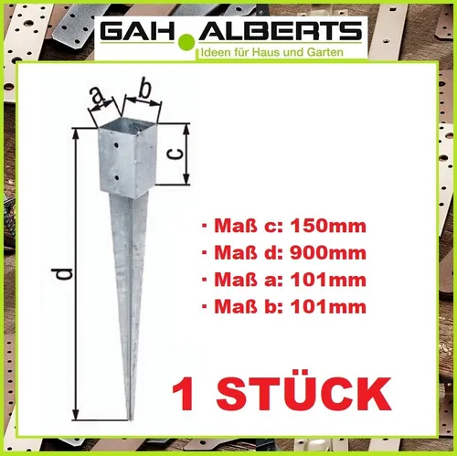 Alberts 211318 Einschlag-Bodenhülse | 900 mm feuerverzinkt für Vierkantholzpfosten - Türbeschläge & -schlösser - Robuste, feuerverzinkte Stahlkonstruktion für optimalen Wetter- und Korrosionsschutz, ideal für eine sichere Befestigung von Zaunpfosten.