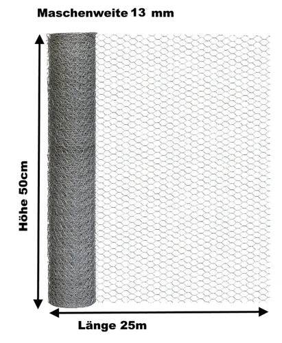 Sechseckdraht Volieren Draht - Verzinkter Kaninchendraht 50cm x 25m - Maschendraht für den Außenbereich, robust und flexibel. Ideal für Kleintiergehege, Wildzäune oder Beete. Individuell zuschneidbar mit einer Drahtstärke von 0,8 mm.