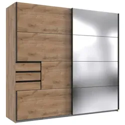 Mid.you Schwebetürenschrank mit Spiegel, 225x210 cm - Kleiderschrank in Eiche mit 4 Fächern und 3 Schubladen, bietet viel Stauraum und verstellbare Einlegeböden. Der integrierte Spiegel sorgt für den perfekten Look!
