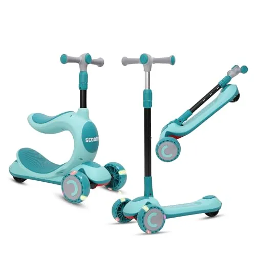Kinderroller – 3-in-1 Kinder Roller Dreirad mit Sitz & LED Rädern, höhenverstellbar & faltbar – Roller Kinder für Jungen & Mädchen, sicher & robust, ideal als Tretroller ab 2 bis 10 Jahre - Grün