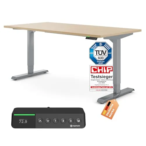 Ergotopia Desktopia Pro X - Elektrisch höhenverstellbarer Schreibtisch (Ahorn, Gestell Grau, 120 x 80 cm) - Stufenlos höhenverstellbarer Schreibtisch für Büro oder Home Office. Mit flüsterleisen Motoren, intuitivem OLED-Handset und bis zu 125 kg Tragkraft für flexibles Arbeiten und mehr Bewegung im Alltag.