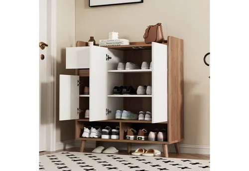 Odikalo Schuhschrank Anrichte Kommode Sideboard Schrank verstellbar Einlegeböden Weiß/Natur (ohnzimmer Kommode multifunktional Schuhschrank mit verstellbarem Einlegeboden)