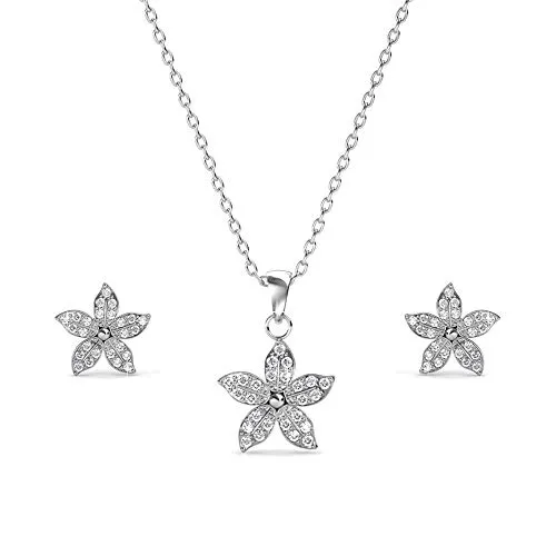 Nagel Jewellery Set Anhänger und Ohrstecker Sparkling Fower - Blüte | 925 Sterling Silber | Vergoldet mit 18K Weißgold | Mit Zirkonia im Brillantschliff | Kette 40 + 5 cm