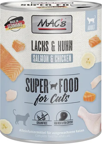 Macs Cat Lachs & Hühnchen 800 g - Nassfutter für Katzen mit hochwertigem Lachs und Hühnchen, reich an Omega-3-Fettsäuren für ein glänzendes Fell und gesunde Haut.