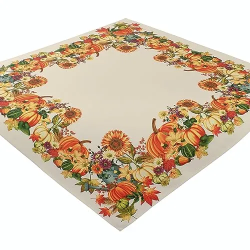 Tischdecke Halloween Kürbis Mitteldecke Beige Stoff Herbst 85 x 85 Halloweentischdecke Tischwäsche Sonnenblumen Pflegeleicht