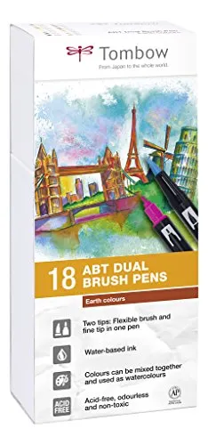 Tombow ABT-18P-3 Fasermaler Dual Brush Pen 18er Set, erdfarben - Schreibutensilien mit zwei Spitzen für präzise Linien und flächigen Farbauftrag. Ideal für kreatives Gestalten, Aquarellieren und Hand Lettering. Ungiftig und geruchlos.