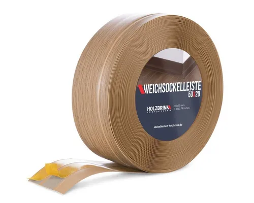 HOLZBRINK Sockelleiste PVC Weichsockelleiste selbstklebend 50x20mm Eiche Hell, L: 500 cm, 5m Rolle, Küchenabschlussleiste Arbeitsplatte, Fensterleiste, Fensterabdichtung