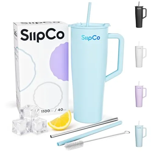 SIIPCO Thermobecher 1L – Trinkbecher mit Deckel und Strohhalm, Edelstahl Tumbler 1100ml, isolierter To Go Becher mit Griff – Auslaufsicherer Cup für heiße & kalte Getränke, BPA-frei (Mintgrün)