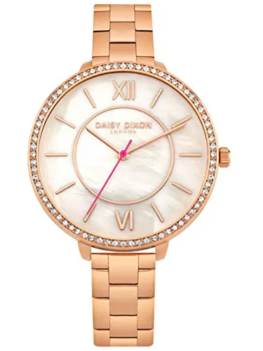 DAISY DIXON Damenuhr Bella DD088RGM - Elegante Armbanduhr für Damen mit rosegoldenem Metallgehäuse und schützendem Mineralglas. Das schimmernde Perlmuttzifferblatt und die funkelnde Lünette machen sie zum perfekten Accessoire für jeden Anlass.