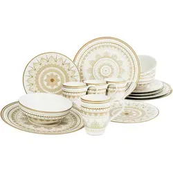 CreaTable 23596 Serie MANDALA GOLD - 16-teiliges Geschirrset - Kombiservice aus Steinzeug mit fernöstlichem Flair, spülmaschinen- und mikrowellengeeignet, ideal für stilvolle Tischdekoration.