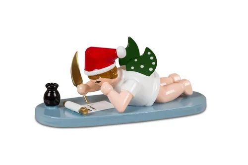 Holzfigur Engel mit Wunschzettel und Mütze 6cm - Bunte Engelfigur aus Holz, ideal als Weihnachtsdeko oder Geschenk, handgefertigt in Olbernhau, Deutschland.