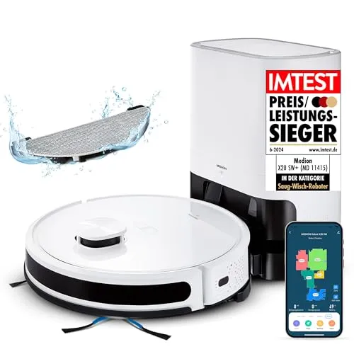 MEDION MD 11415 X20 - Laser Saugroboter mit Absaugstation, 2in1 Saugen und Wischen, smart steuerbar über Alexa und Google Home