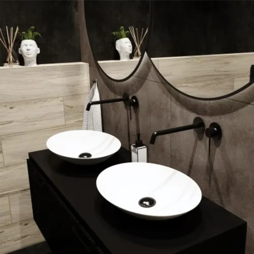 Aufsatzwaschbecken CLEO - Glänzend weißes Badmöbel - Elegantes Aufsatzwaschbecken in ovaler Form, ideal für modernes Baddesign. Hergestellt aus hochwertiger Emaille und Keramik für Langlebigkeit und Pflegeleichtigkeit.