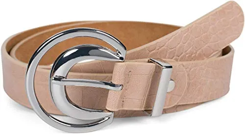 styleBREAKER Damen Gürtel Unifarben mit Oberfläche in Krokodilleder Optik und Halbmond förmiger Schließe, kürzbar 03010108, Größe:90cm, Farbe:Beige