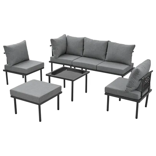 Garten-Loungesessel-Set in Grau – 6er-Set mit verstellbaren Füßen und Glastischplatte - Stylisches Gartenmöbel-Set aus witterungsbeständigem Olefingewebe, ideal für Terrasse und Garten. Die verstellbaren Füße bieten Stabilität auf jedem Untergrund, während die abnehmbaren Bezüge eine einfache Pflege ermöglichen.