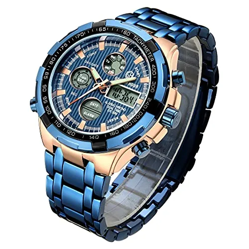 Affute Armbanduhr für Herren, Schwerer Chronograph aus Edelstahl, wasserdicht, mit Datums- und Alarmfunktion, Analog-/Digitalanzeige (Rose Gold Blue)