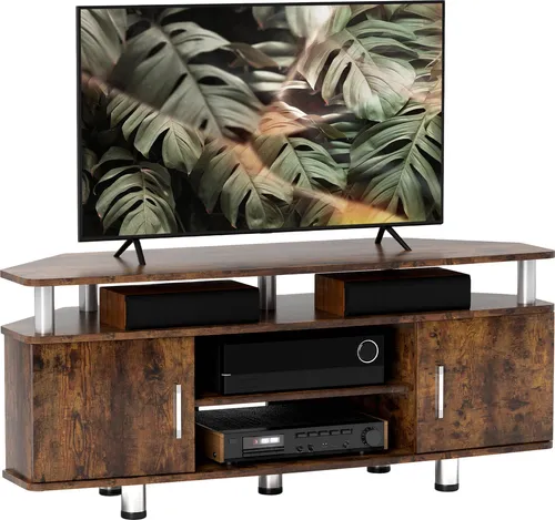 HOMCOM TV-Ständer/Bank aus Holz für Fernseher bis 55 Zoll mit großer Ablagefläche, Schränken mit Türen und offenem Fach für Wohn- oder Schlafzimmer, 120 x 40 x 52 cm, Braun