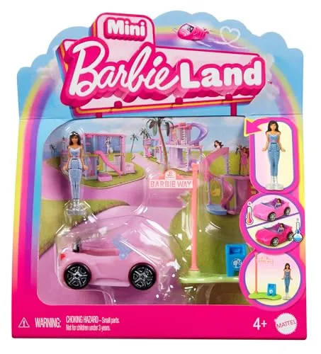 Barbie Mini BarbieLand Puppen und -Spielzeugfahrzeugset, ca. 4 cm große Barbie-Puppe und Cabrio mit Farbwechsel, Straßenschildzubehör, HYF42