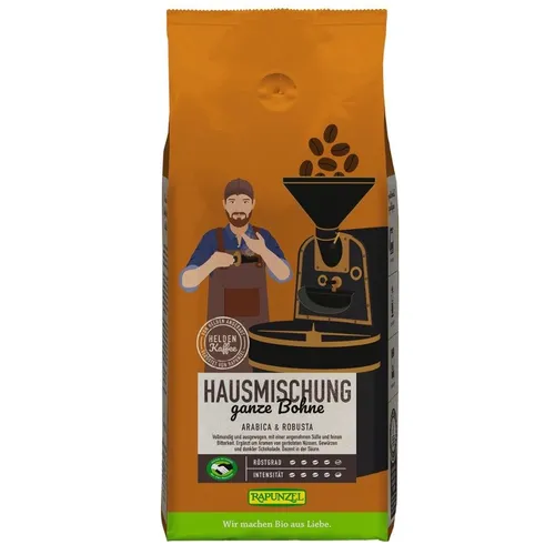 Rapunzel Heldenkaffee Hausmischung, ganze Bohne - Kaffee mit vollmundigem Geschmack, ideal für Kaffeeliebhaber - perfekt für einen energiereichen Start in den Tag!
