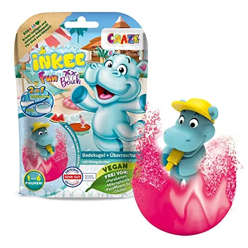 INKEE FUN BEACH | Badekugel Kinder mit Überraschung, Badebombe Kinder mit Hippo Stempel, Mit Mangobutter & Wassermelone-Duft