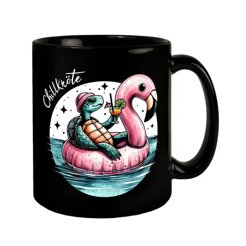 Schildkröte auf Flamingo-Schwimmring Tasse in Schwarz mit Spruch Chillkröte