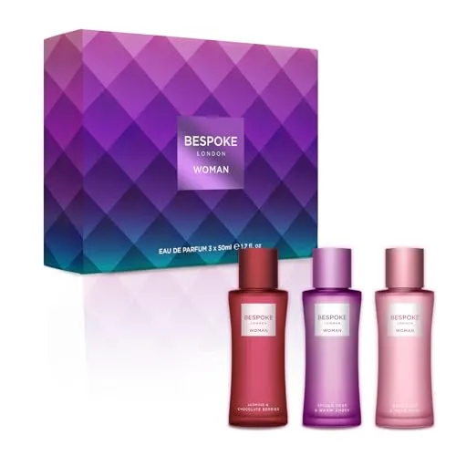Bespoke London Damen Parfum Geschenkset (3 x 50ml) – Bergamotte & Rosenmoschus, Gewürzbirne & Warmer Amber, Jasmin & Schokoladenbeeren – Fruchtig, Blumig & Gourmand – Bis 6 Std. haltbar