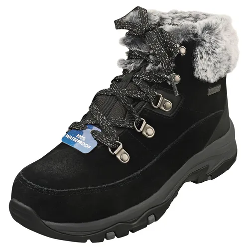 Skechers Trego Snow Worries Damen Stiefelette Schwarz - Wanderschuhe mit 100% wasserdichter und atmungsaktiver Funktion, ideal für kalte Tage. Mit kuscheligem Fellkragen und Memory Foam Fußbett für höchsten Komfort.