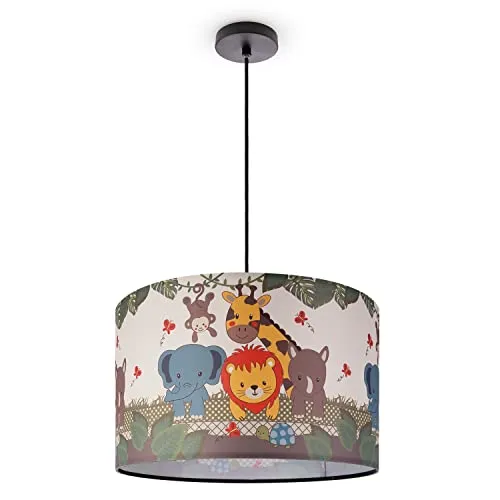 Paco Home Hängelampe für Kinderzimmer - Pendelleuchte mit fröhlichem Dschungel-Tiermotiv, ideal für eine kindgerechte Raumgestaltung. Robuste Aluminiumkonstruktion und hochwertiger Stoffschirm bringen Freude ins Kinderzimmer.