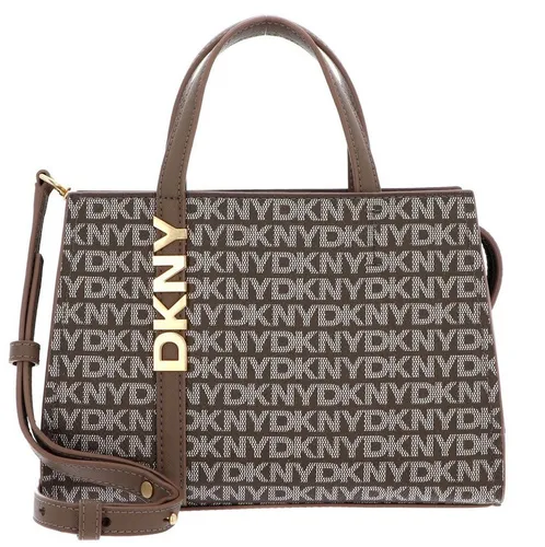 DKNY Avril Satchel Handtasche - Umhängetasche mit Logo-Muster und goldenen Akzenten, bietet viel Platz für Essentials und verschiedene Trageoptionen für jeden Anlass.