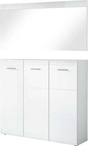 Carryhome Garderobe Adana, Hochglanz Weiß - Garderobe, 2-teiliges Set mit modernem Design und großzügigem 3-türigen Schuhschrank, ideal für Sneaker und Stiefel, inklusive großem Spiegel für den letzten Blick.