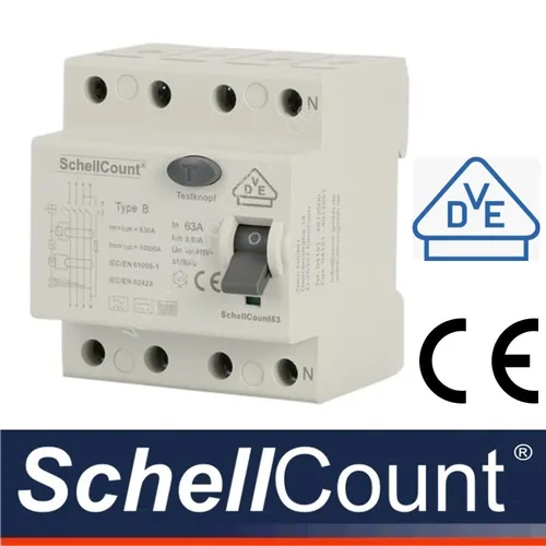 FI/RCD Typ B - Allstromsensitiv 63A 4-Polig - FI-Schutzschalter 4-polig, 63A, 0,03A, 30mA, VDE-zertifiziert für sichere DC & AC Fehlererkennung. Ideal für Wallboxen und Elektroautos, einfach auf Hutschiene montierbar.