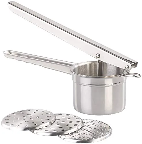 Rosenstein & Söhne Edelstahl Kartoffelpresse mit 3 Einsätzen - Praktische Edelstahl Kartoffelpresse für vielseitige Zubereitungen. Mit 3 Einsätzen für Kartoffeln, Gemüse und Obst. Spülmaschinenfest und robust – ideal für die Küche!