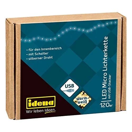 Idena 31483 - LED Micro Lichterkette mit 120 LEDs in Warmweiß, mit USB Stecker und Schalter, ca. 13,5 m lang, Deko für Innen, zum Basteln, als Party Deko, Weihnachtsdeko, zur Hochzeit