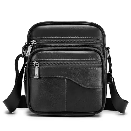 BAGZY Umhängetasche Herren Klein Leder Vintage Schultertasche Herrenhandtasche Umhängetaschen für Männer Herrentasche Zum Umhängen Handtasche Crossbody Sling Bag für Messenger Brustbeutel Schwarz