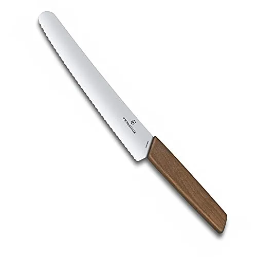 Victorinox Swiss Modern, Profi Brot- und Konditormesser, Extra Scharfe Klinge, Wellenschliff, 22 cm, Edler Holzgriff, Rostfreier Stahl, braun