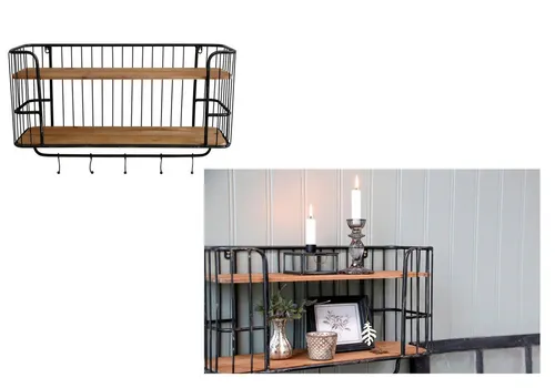 Chic Antique Wandregal mit 5 Haken - Stilvolles Wandregal aus Metall und Holz, ideal zur Aufbewahrung und Dekoration. Mit 5 Haken für zusätzlichen Stauraum. Perfekt für jeden Raum!