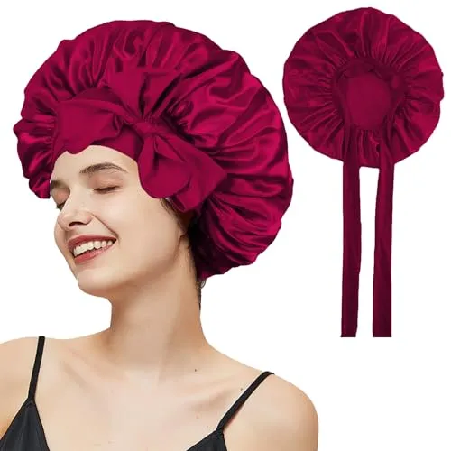 BinXiaoQin Seidenhaube zum Schlafen, Satin Haarhaube für die Nacht, Bonet Cap, Silk Bonnet Sleep Cap, Bonnet Seide, Schlafhaube Haare Schützen, Kopfhaube zum Schlafen (Wein rot)