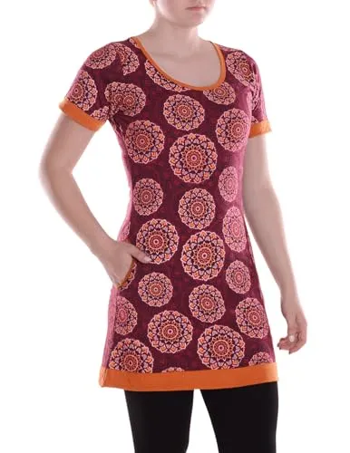 Vishes Damen Mini-Kleid Baumwolle geometrisch dunkelrot 36 - Stylisches Mini-Kleid in A-Linie mit praktischen Schlitztaschen. Das geometrische Muster und der Rundhalsausschnitt sorgen für einen modernen Look. Ideal für Freizeit und Sommer-Events, bequem aus weicher Baumwolle.