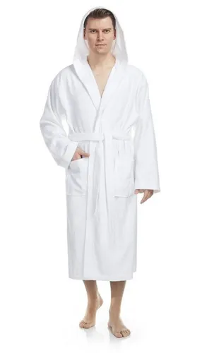 Herren Bademantel mit Kapuze, Größe: L-XL, Weiß - Bademantel für Herren, aus 100% schadstofffreier Baumwolle, mit Kapuze und zwei großen Taschen - ideal für Sauna und Wellness, atmungsaktiv und leicht.