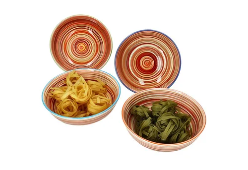 MamboCat Pastateller 4er Set Linea Spaghetti-Bowl Ø22,5cm - Stilvolles 4er Set aus Steingut mit farbigen Rändern, ideal für Pasta und mehr. Robust, langlebig und spülmaschinengeeignet – bringt mediterranes Flair in Ihre Küche!