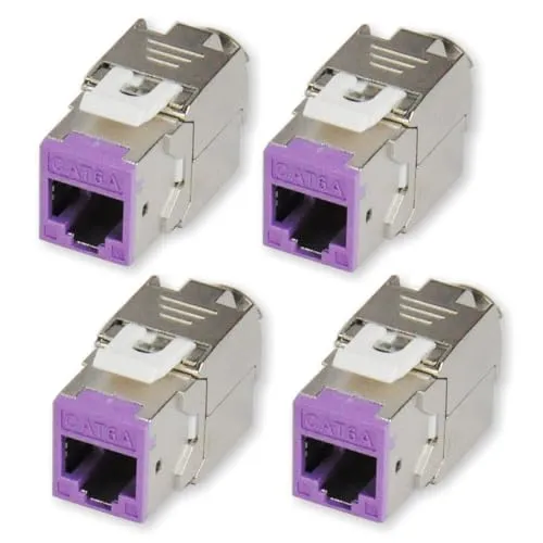 KOSCOM CONNECT 4x Keystone Modul CAT6A in lila | STP RJ45 Einbaubuchse für Netzwerk-Leerdose & Patchpanel | vollgeschirmt I bis zu 10 Gbit/s & 500 MHz | werkzeugfreie Snap-In Montage | AWG 22-25