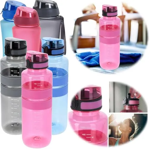 LS-LebenStil XL Sportflasche Tritan Trinkflasche 1500ml 1,5 Liter Rot Pink Wasserflasche Klappdeckel Trinkhalm mit Silikon-Griffen auslaufsicher für Uni Arbeit Fitness Outdoor Leicht Wiederverwendbar