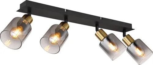 Elegante Deckenleuchte in Gold und Schwarz - Lampen mit 4 E14 Fassungen, rauchfarbenem Glas und stilvollem Metall-Design. Ideal für ein modernes Wohnzimmer, schafft eine gemütliche Atmosphäre.